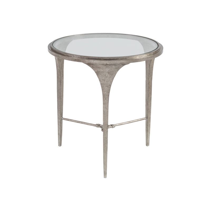 Porto Silver Leaf Round Metal and Glass End Table