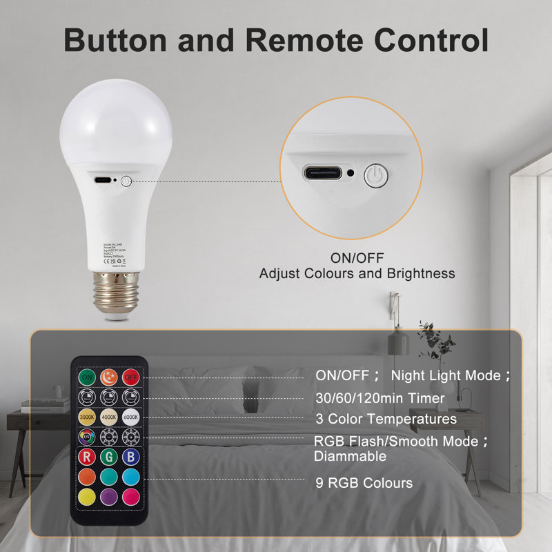 Rechargeable LED Bulbs With Remote, E27 Bulb Cap, Dimmable, Colour Changing