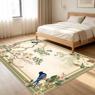 Tapis à motif floral et d'oiseaux de 1 pièce pour le salon, doux et confortables, adaptés à toutes les saisons, faciles à entretenir, tapis de sol intérieur lavable à la machine, sous la table de ferme convenant à la chambre à coucher, à la salle à manger, au couloir, au bureau, au patio, à la maison