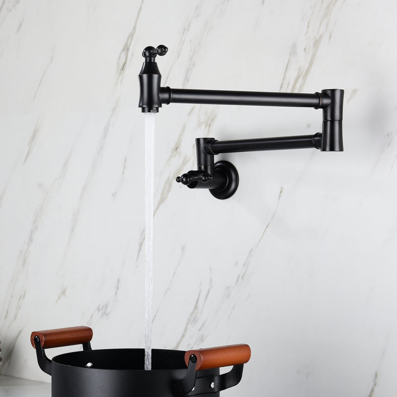 Wall Mounted Pot Filler Faucet Matte Black, Folding Function, 360 Rotation, Brass Material, Treatment, Double Handles Mount Kitchen In Quality Brass, Corrosion Handle Control