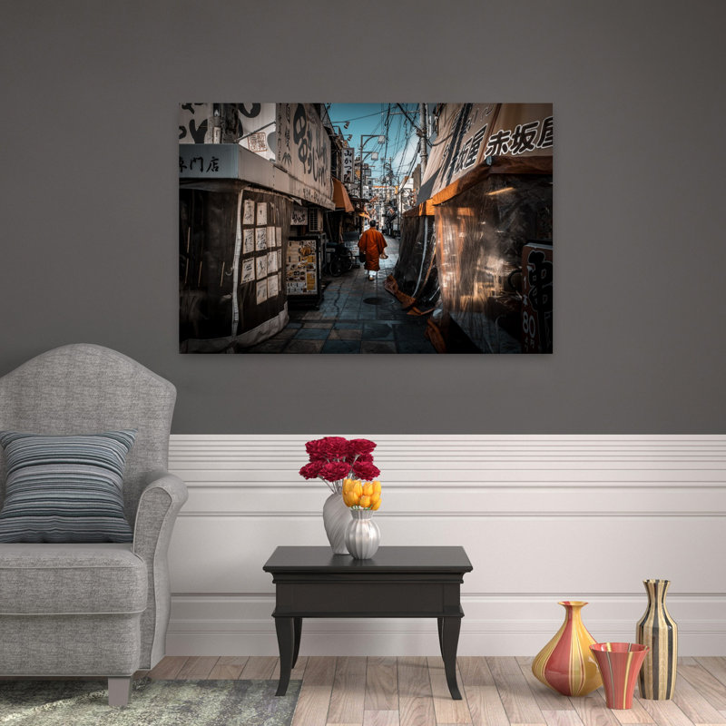 Moine dans une ruelle japonaise, art mural traditionnel abstrait, H 32 po x l 48 po