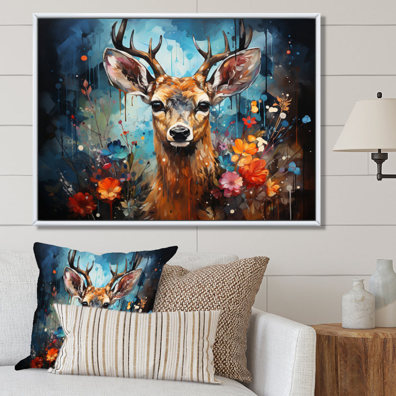 Art mural sur toile, "Deer Graceful Fawn Collage II", Cadre flottant blanc, H 24 po x l 32 po x P 1 po