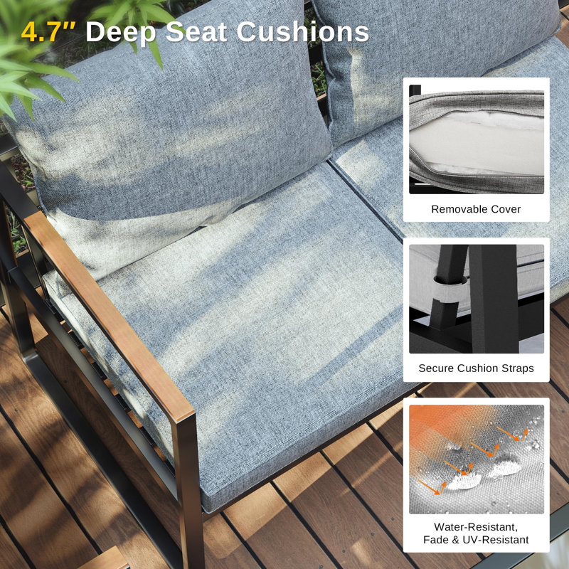 Light Gray and Black 4-Piece Patio Furniture Set with Cushions and Glass Table