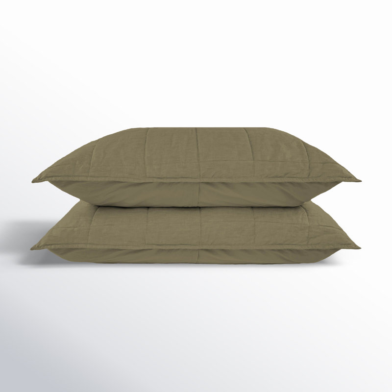 French Linen Box Stitch Quilted Sham Set, Moss, Queen