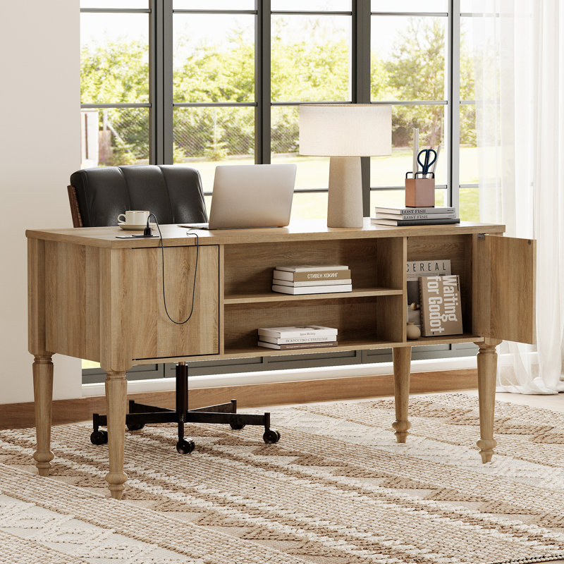 Scarlett Farmhouse 56'' Executive Desk With 5 Drawers, Home Office Desks With Charging Station, Wood Computer Desk With Rear Storage Compartment Design, Writing Desk For Work And Study