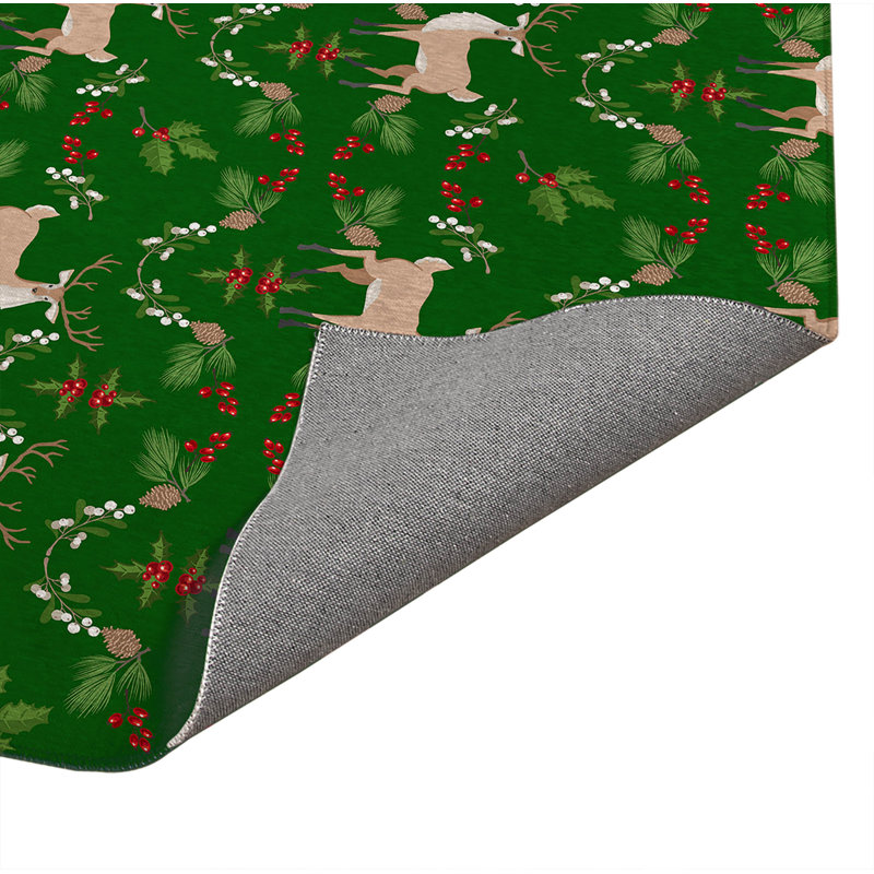 Botanical Deer Low Profile Kitchen Mat, Rectangle 6' x 4', Green