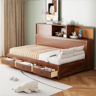 Lit de jour simple en bois avec 3 tiroirs de rangement, tableau souple, tablette, prises intégrées et ports USB