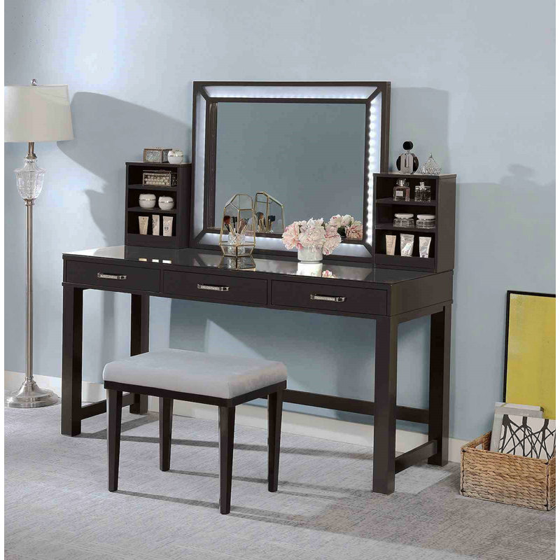 Glam Style 1Pc Vanity W/ Stool Set, Obsidian Gray