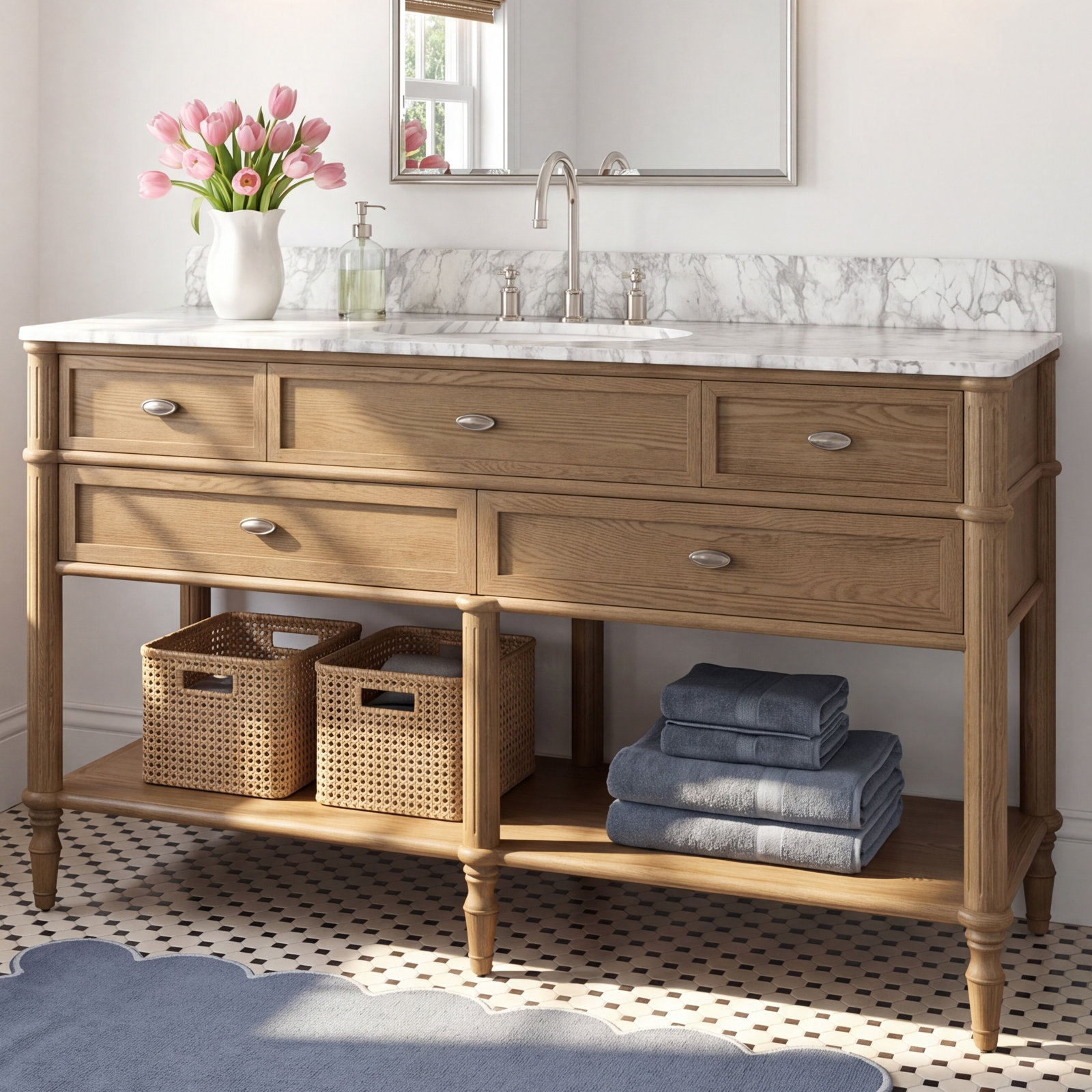 Abidemi 55'' Single Wide Vanity, Washed Blonde Oak Veneer