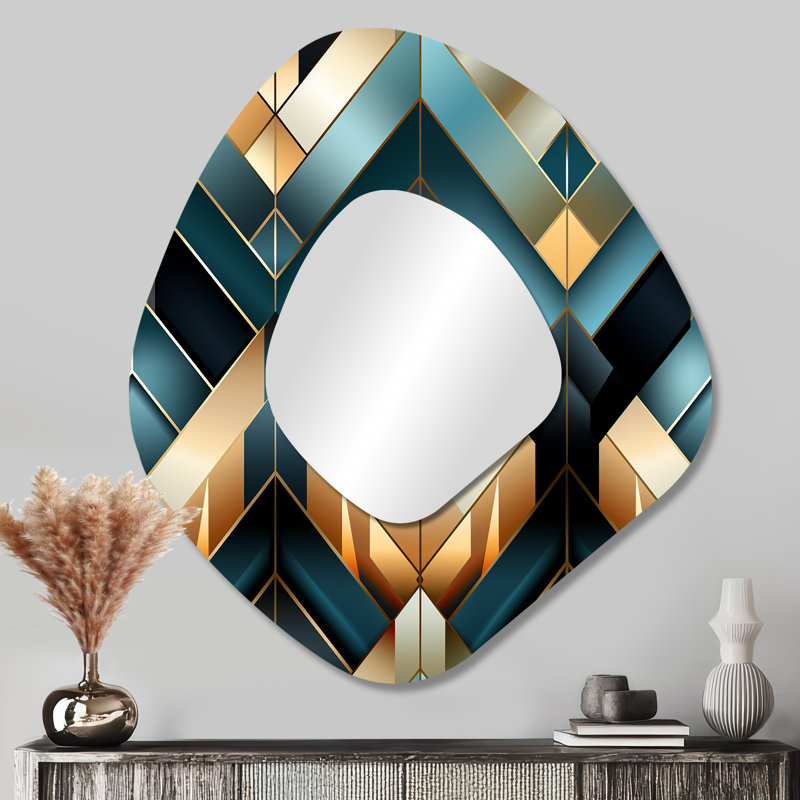 Motif à chevrons glamour bleu et doré - Chevron en métal Art Decor - Miroir mural moderne asymétrique, 35 po x 31 po
