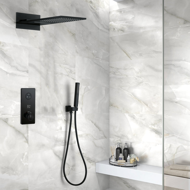 fixhd Thermostatic Shower System with Rough in-Valve Three Sprays with Rain and Waterfall Shower Heads, Matte Black