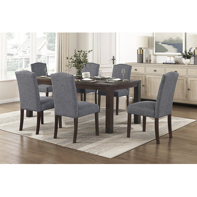 7Pc Dining Set Dark Brown Finish Table And Gray Fabric Upholstered 6X Side Chairs Wooden Modern Dining Kitchen Furniture