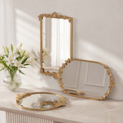 Rococo‑Inspired Ornate Gold Mirror Serving Tray, Iron & MDF Decorative Vanity Tray for Coffee Table, Entryway, Bedroom Dresser