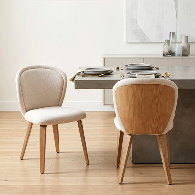 Set of 2 Bernt Beige Washed Woven Fabric Dining Chair with Natural Wood Legs