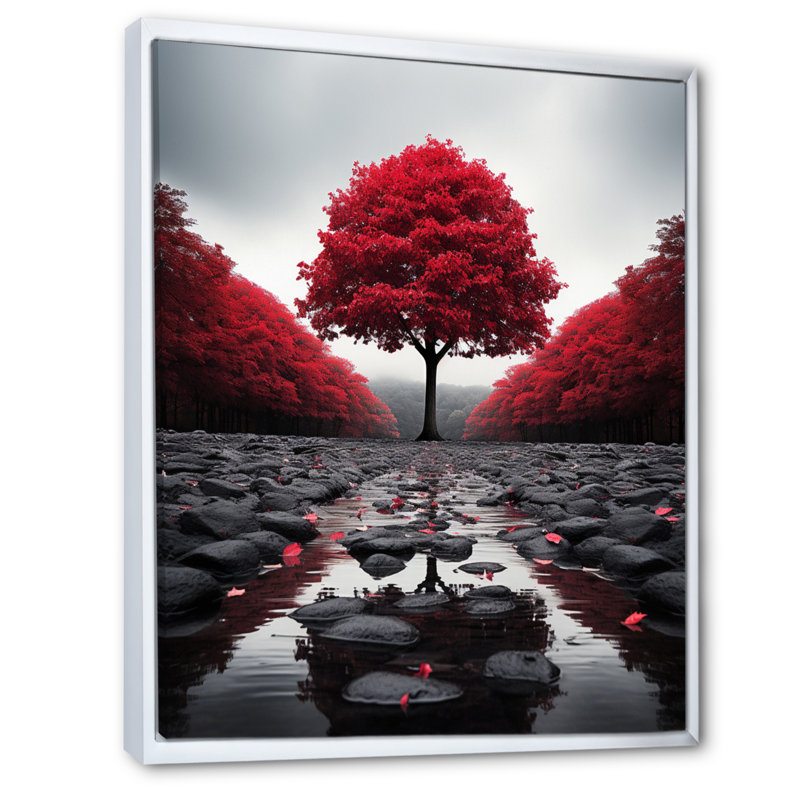 Red And Grey Forest Serenity - Floral Canvas Prints, White Floater Framed, 32" H x 16" W x 1" D
