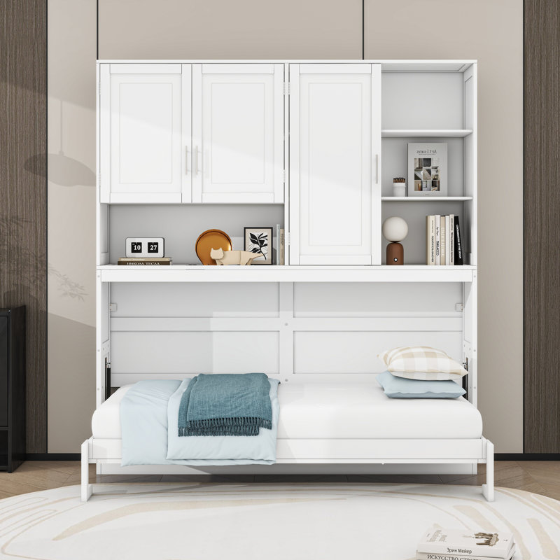 Lit escamotable simple en bois avec rangement et lumière et USB, Blanc