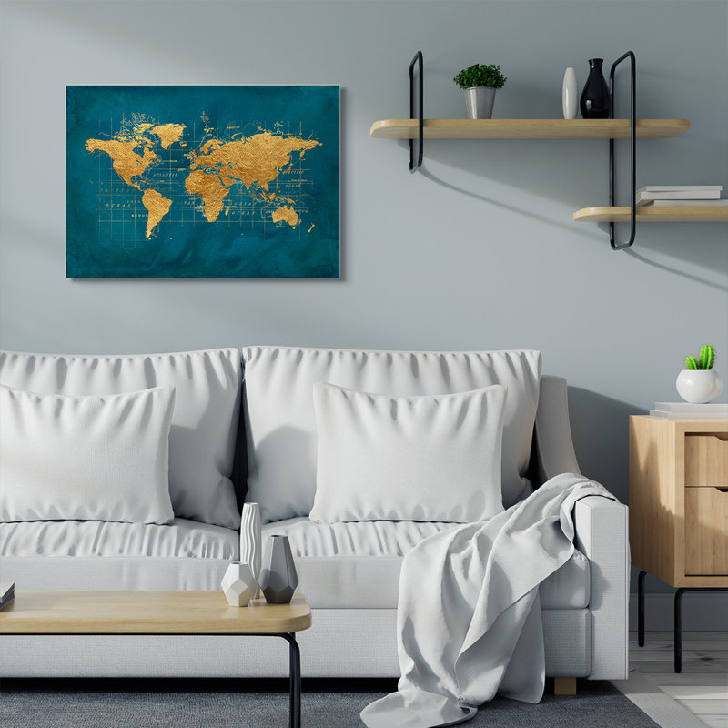 «World Map Gold Blue Texture Watercolor Map Design» par Beth Albert - impression d'art graphique, Toile tendue