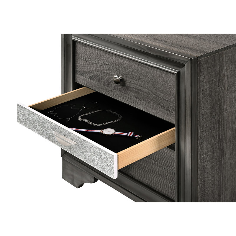 Luxueuse table de chevet 2 tiroirs en bois gris avec poignées en métal