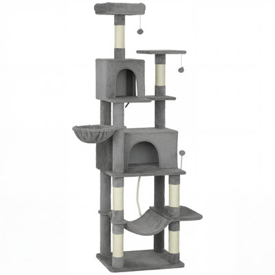 Arbre à chat gris foncé à plusieurs niveaux pour chats d'intérieur, avec poteaux à griffer en sisal, hamac, perchoirs et balles suspendues, véritable maison de jeux et de repos pour chats