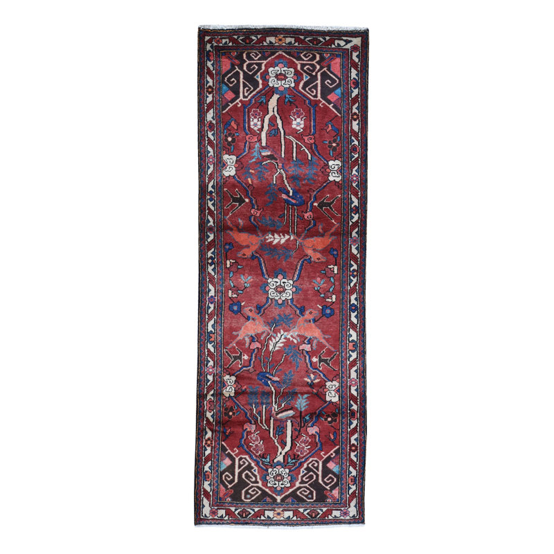Tapis oriental rouge 3 pi 5 po x 9 pi 7 po en laine naturelle rouge avec des figurines de cerf noué à la main 5BA8958B8AAB4D07963A4049EE6EA331