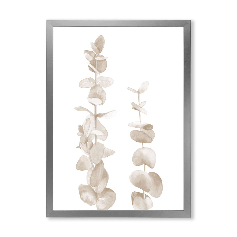Branches d'eucalyptus beige sur fond blanc - reproduction d'art sur toile, H 20 po x l 12 po x P 1po, Encadrement argenté