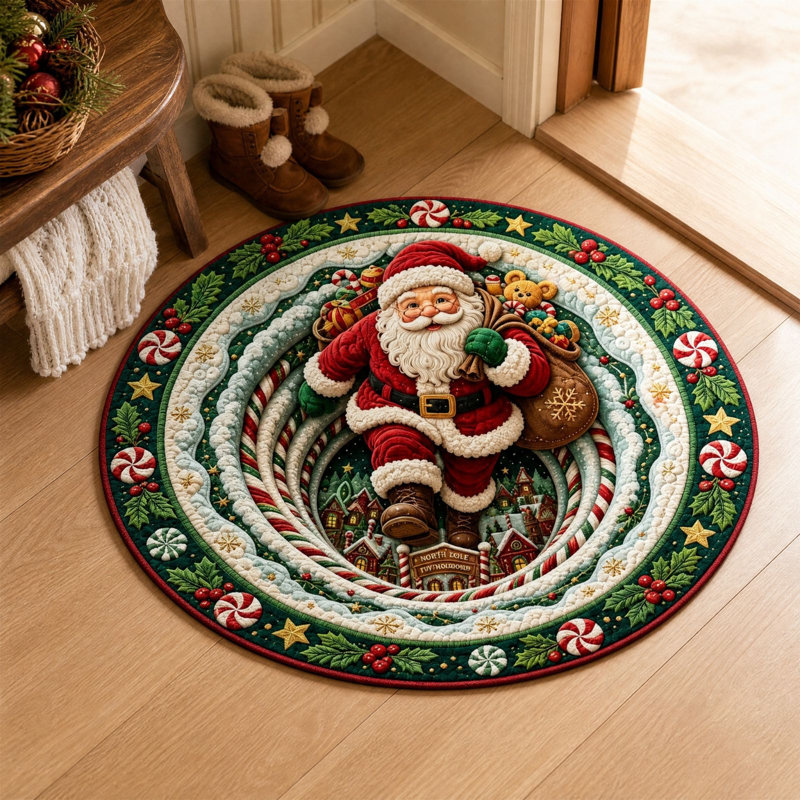Tapis de Noël rond avec motif Père Noël, imprimé cristal, en velours et envers à pois. Décorations festives de Noël.