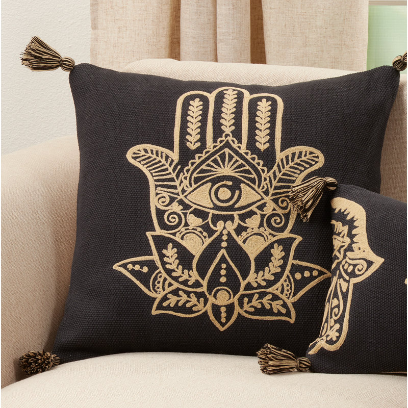 27" Square Hamsa Hand Embroidered Throw Pillow with Tassels, Black