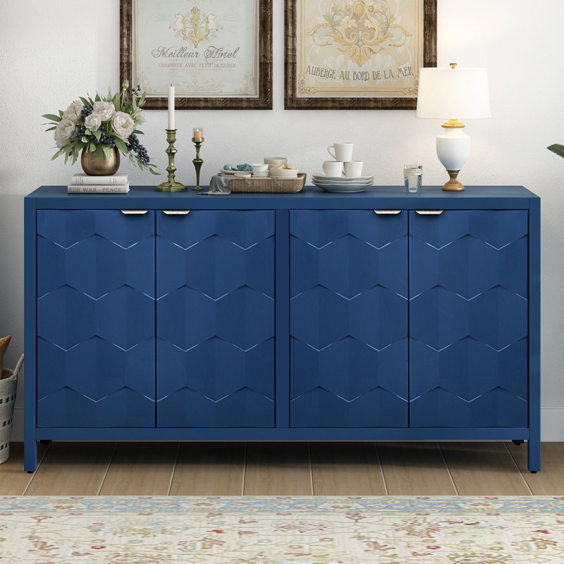 Luxueux buffet à quatre portes avec portes à motif en nid d'abeille, offrant beaucoup de rangement pour le bureau, l'entrée et le salon