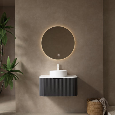 Meuble-lavabo de salle de bain 36 po avec lavabo, meuble-lavabo mural moderne à bords arrondis et courbes avec tiroir, lavabo rond en céramique blanc sans robinet, pré-assemblé, noir