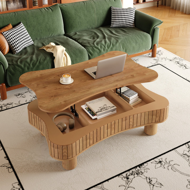 Table basse relevable de 42 po pour petits espaces de salon, système hydraulique silencieux, 3 compartiments de rangement, conception sécurisée pour les angles, montage rapide, espace principal noir 42 po, panneau cannelé réglable.