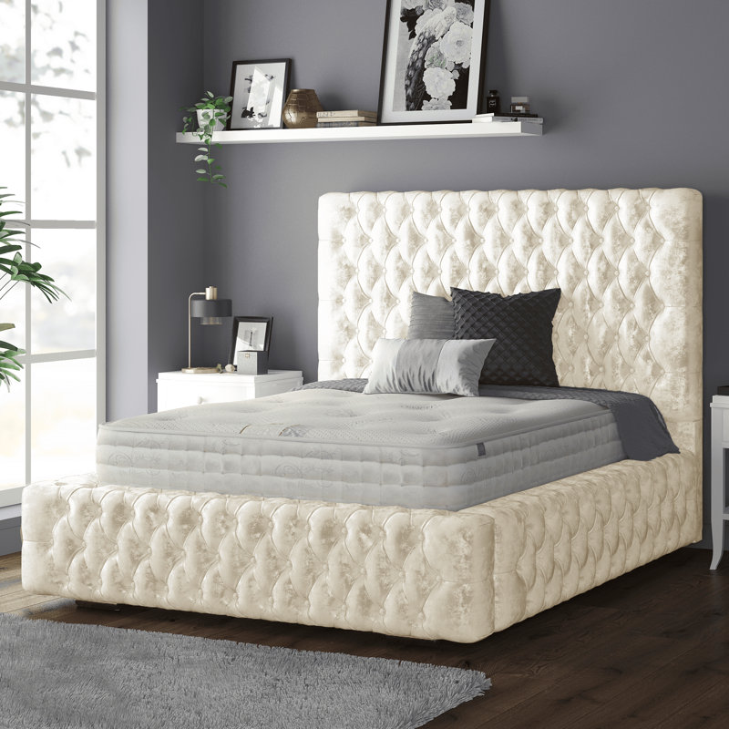 Clovis Upholstered Bed, Kingsize (5'), Cream, Crush Velvet