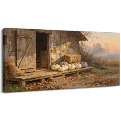 Grande toile murale représentant une citrouille et un paysage d'automne de grange, style rustique, idéale pour le salon, la chambre à coucher, l'entrée ou pour Thanksgiving. Toile tendue sur châssis en pin, 147 x 71 cm.