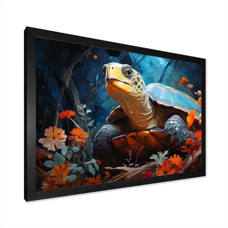 «Turtles Journey», collage floral sur toile, H 16 po x l 32 po x P 1 po, Cadre simple noir