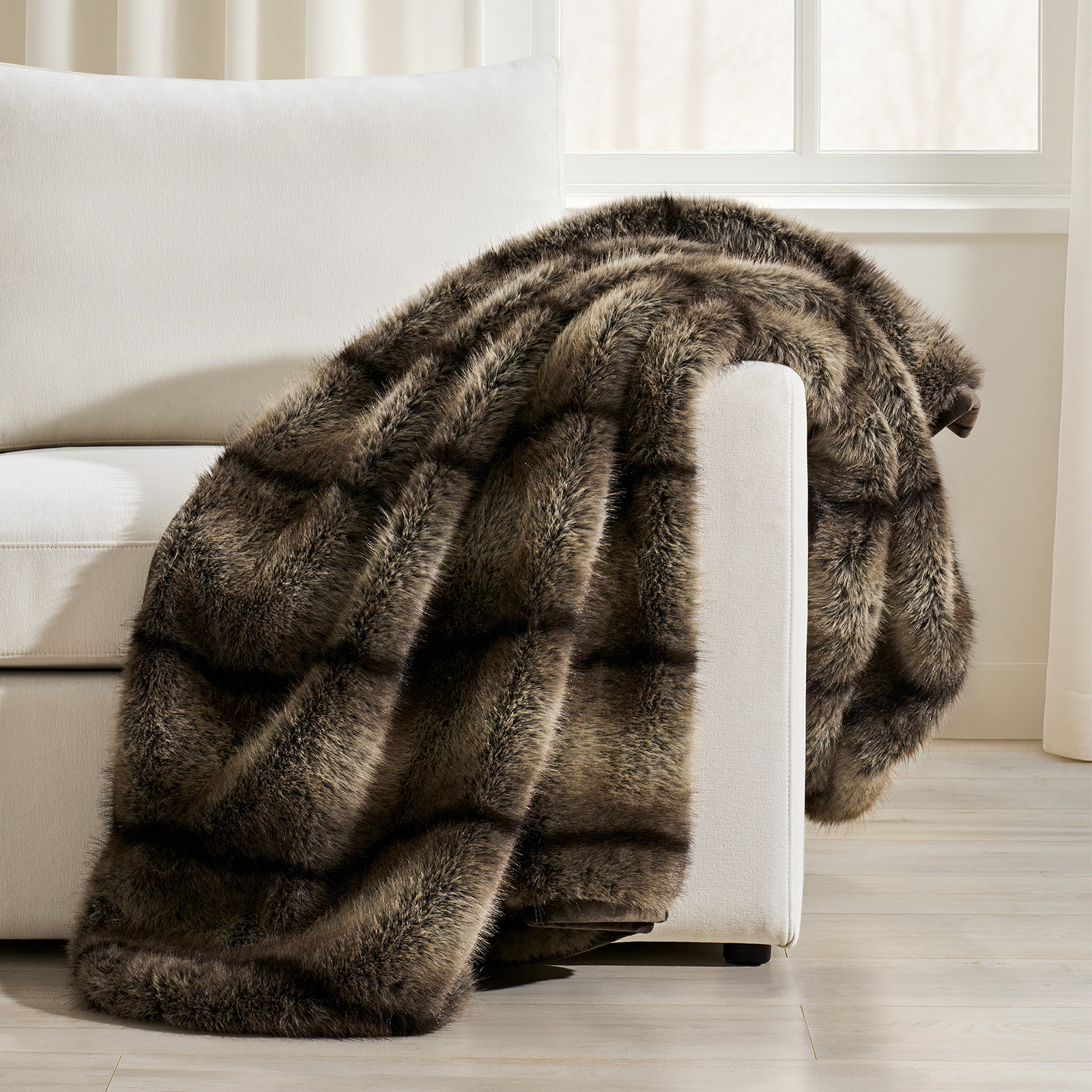 Luxe Faux Fur Throw Blanket, Ombré Sable Brown Ombre/Striped, Throw