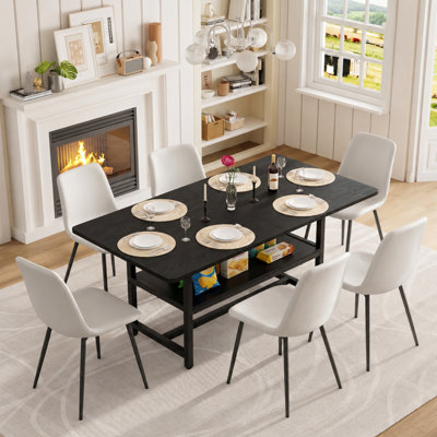 7-Piece 71" Modern Rectangular Wood Dining Table Set with Storage Shelf and Upholstered Chairs