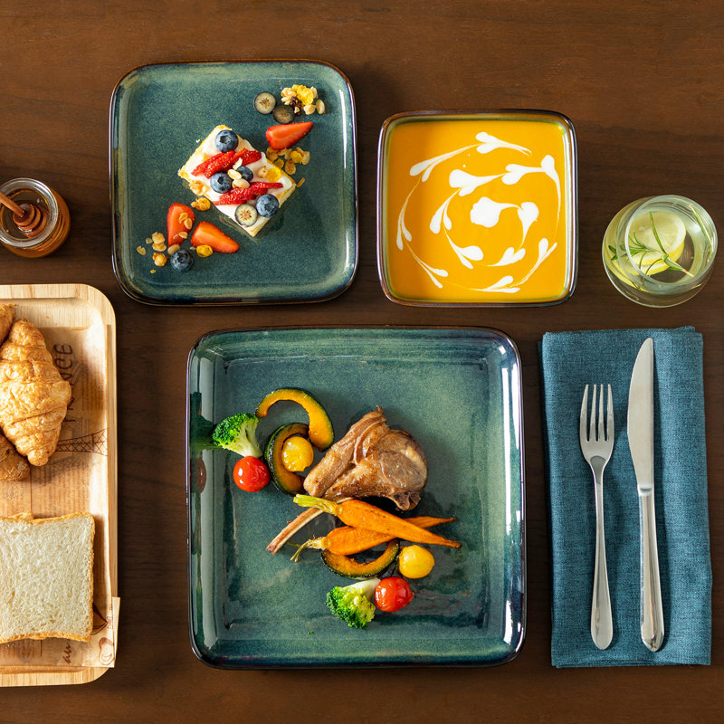 12 Piece Stoneware Dinnerware, Ceramic Tableware Set Including Dinner Plates, Desserts Plate And Bowls, Service For  4 People, Square Plate And Bowl