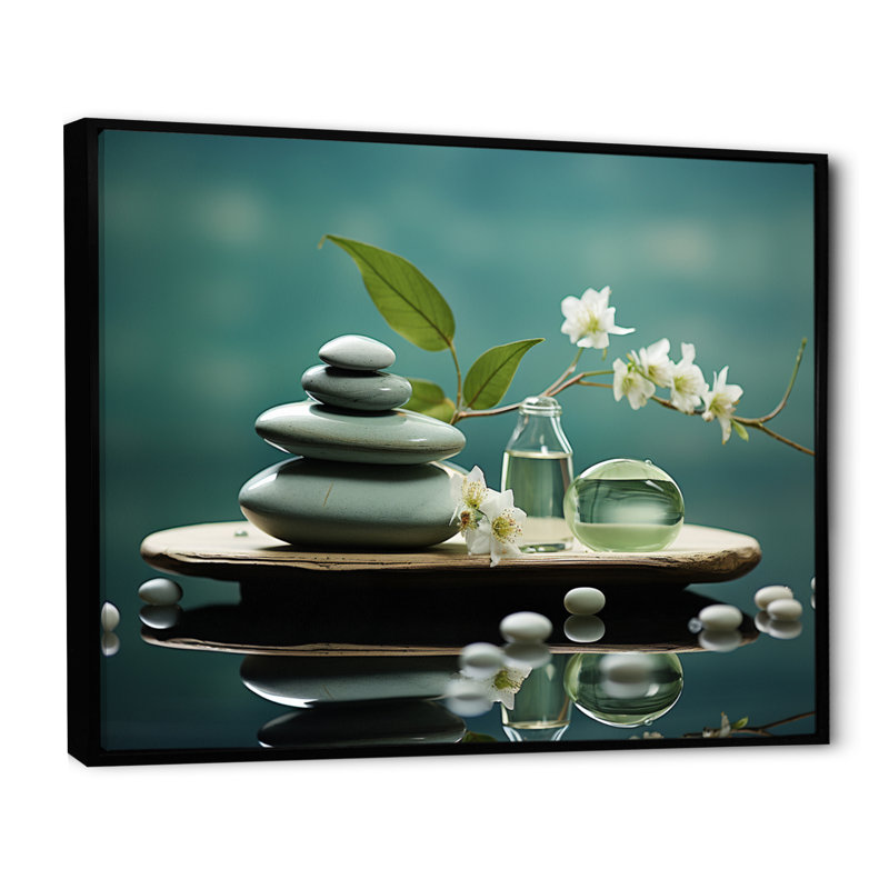 Grey Green Meditation Abstract Serenity III - Modern Canvas Art Print, H 34 po x l 44 po, Cadre flottant noir