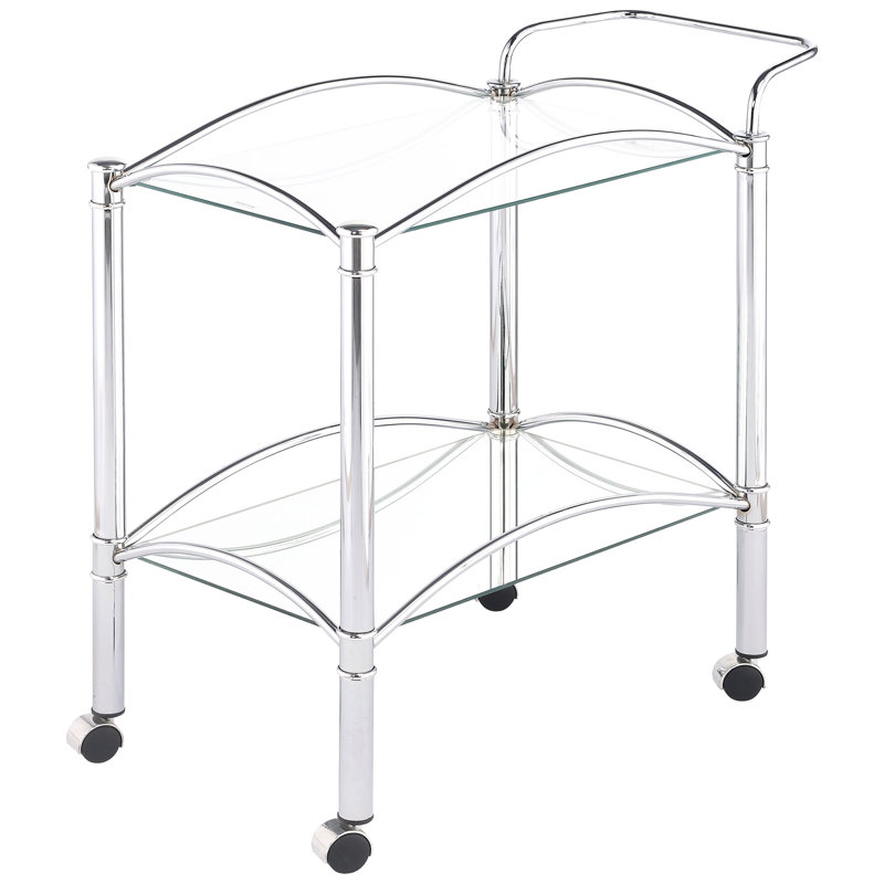 Chariot de cuisine rectangulaire en métal à 2 tablettes en verre pour la salle à manger, finition réfléchissante et placement polyvalent avec chariot-bar, une option de rangement élégante