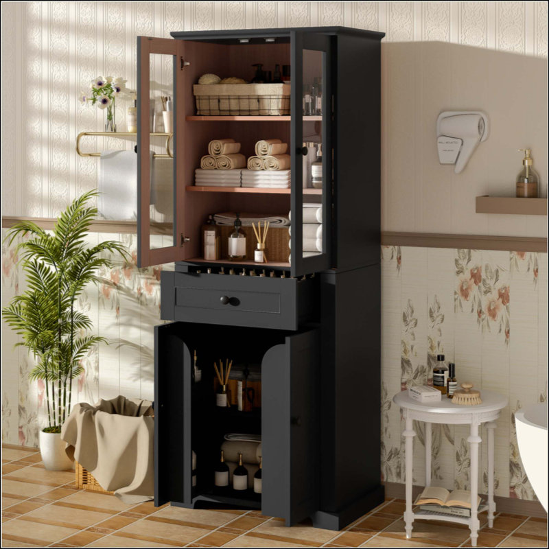 Modern Freestanding Bathroom Linen Tower, Storage Cabinet with Tempered Glass Doors, Adjustable Shelves & Soft-Close Drawer