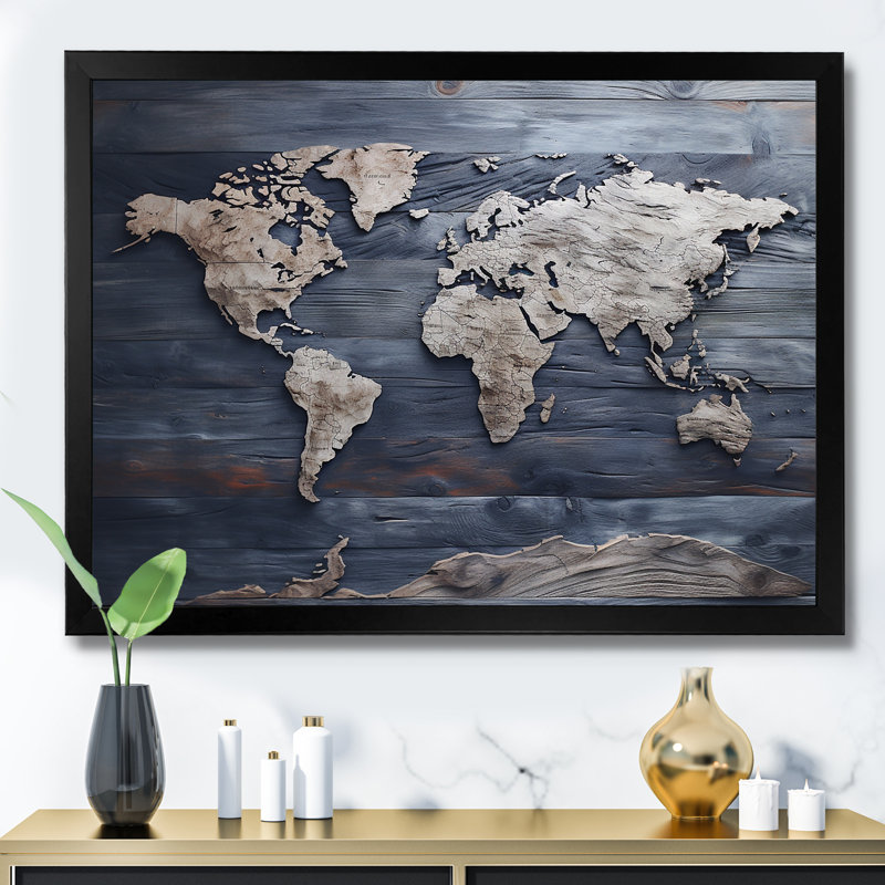 Carte du monde rustique - impression de décoration murale carte du monde, Cadre simple noir, H 12 po x l 20 po x P 1 po
