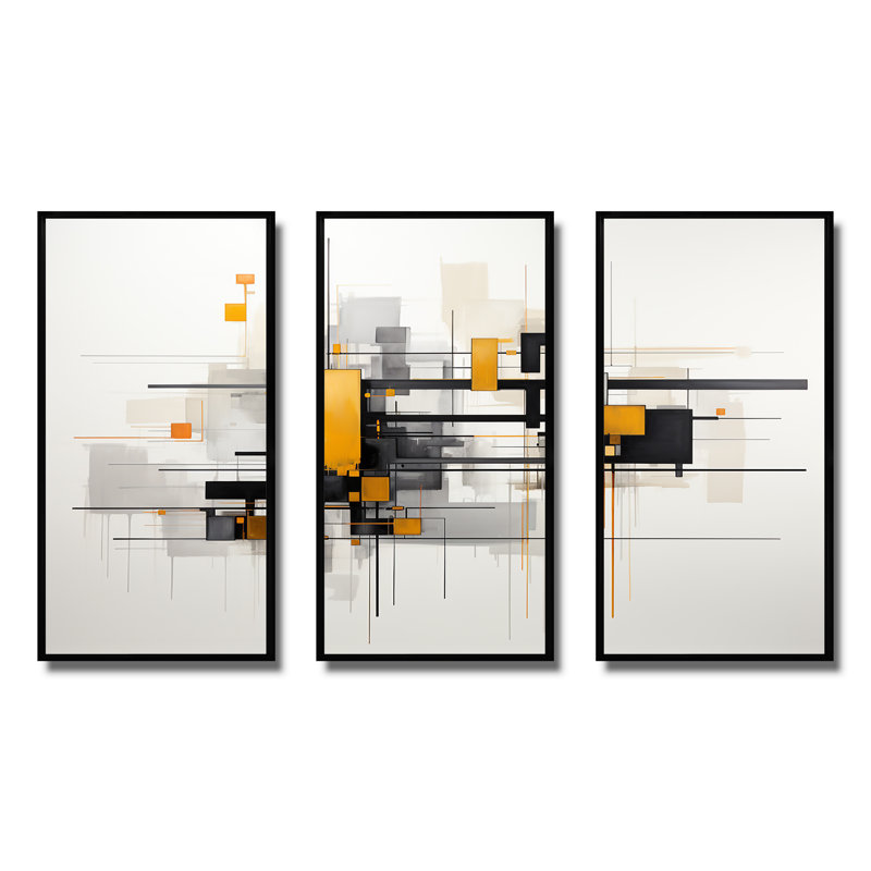 «Yellow Cityscape Journey Ensemble I», art mural abstrait, H 28 po x l 36 po x P 1 po, Cadre flottant noir