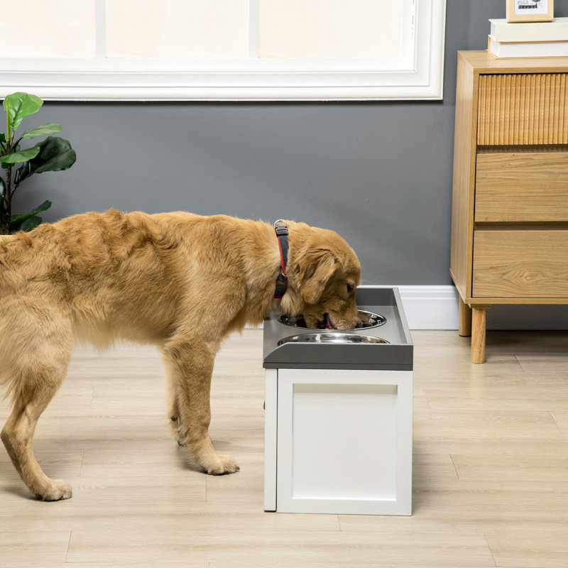 Grand dispositif d'alimentation pour chien - bols et rangement surélevés robustes, rangement central blanc pour grands
