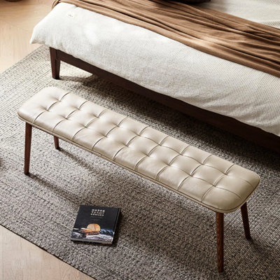 (Blanc cassé) Banc de table en bois de chêne naturel pour salle à manger avec coussin en cuir