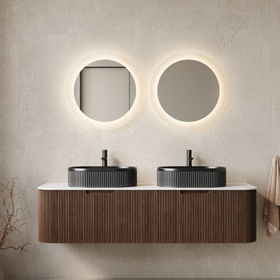 Modern 60" Bathroom Vanity With Black Ceramic Sinks, Wall - Mounted Storage, Dark Walnut 3D Finish, Pre Assembled, High Strength Plywood, Ample Drawer Space 2 Vessel Basins, , Pre-Assembled, Soft