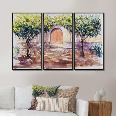 «Backyard Library in Barcelona with Orange Trees», reproduction de cadre flottant sur toile 3 pièces