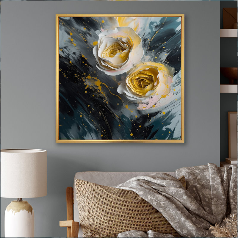 Tapisserie rose jaune III - impression, H 36 po x l 36 po x P 1,5 po, Cadre flottant doré