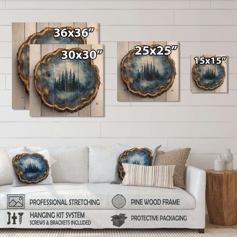 «Blue Forest Of Wood Slide Collage I», décoration murale en bois forêt - sur bois de pin naturel