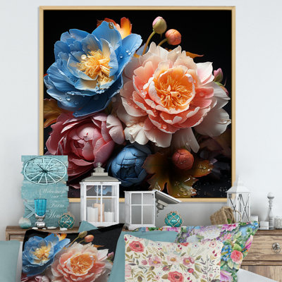 «Peach and Blue Peony Bouquet Still Life I», reproduction sur toile