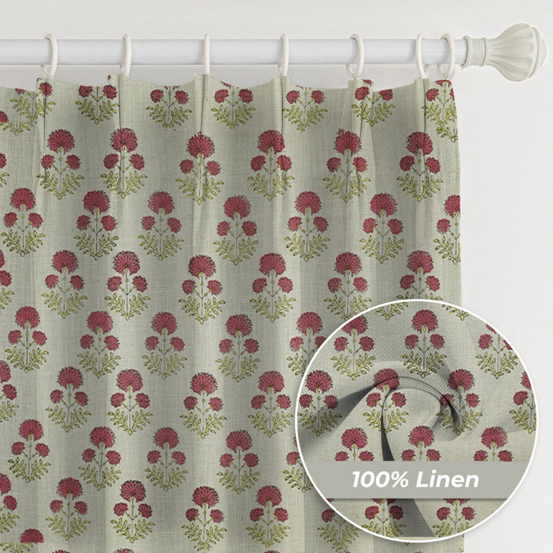 Soft, Bohemian Pure Linen Fabric with Blackout Pink and Brown Floral Handmade Block Print Room Darkening Pinch Pleated Curtains, Window Hook Drapes, Rishi