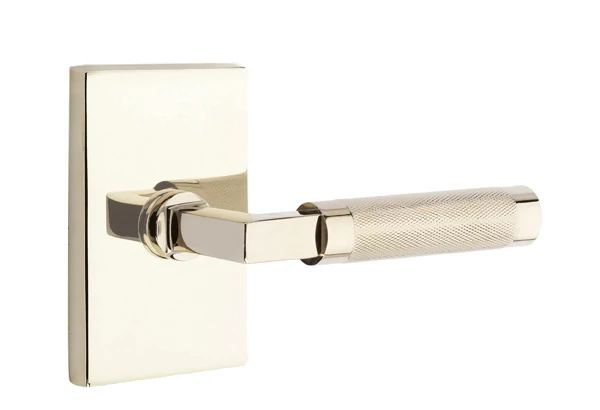 Mortaise intérieure Emtek Select Passage avec rosette rectangulaire moderne et L-Sq. Tige, levier moleté, Nickel poli, Gauche